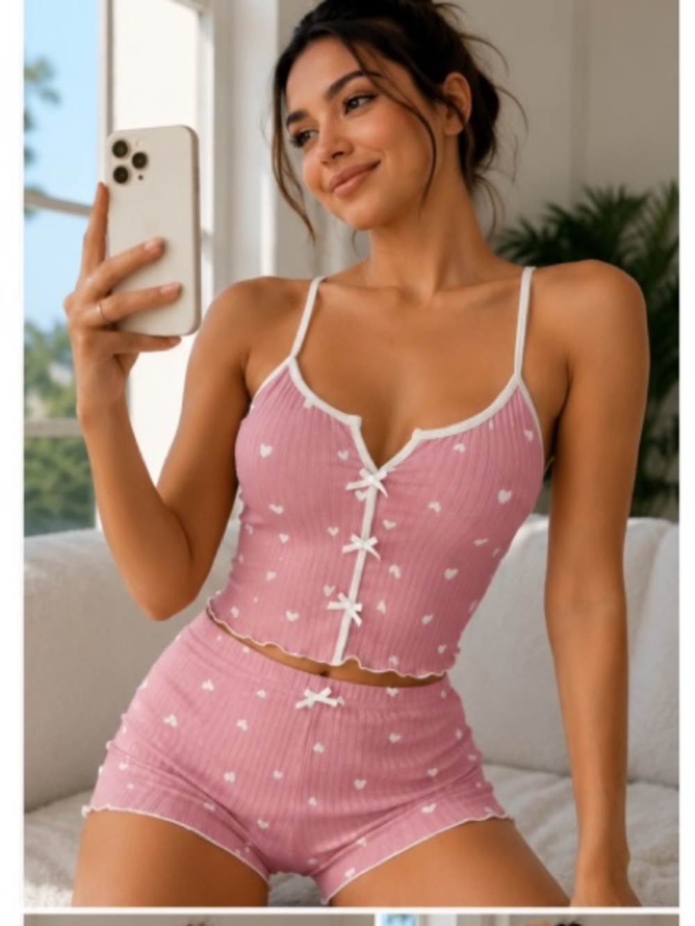 Pink Ribbed Heart-Print Cami & Short Sleep Set - Picture 2 of 4
